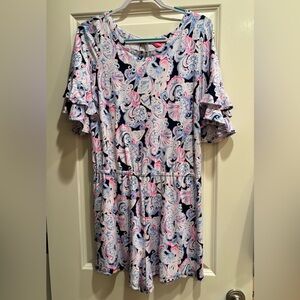 Lilly Pulitzer Romper Womens Large Pink Blue Paisley Ruffle Sleeve